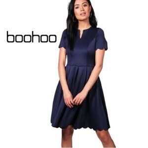 Boohoo Women's V Cut Neck‎ Scalloped Hem Fit And Flare Dress